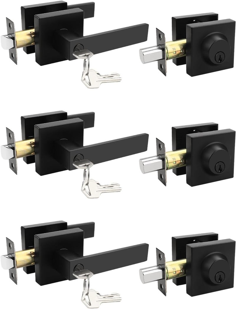 Tinewa 3 Pack Square Keyed Alike Front/Exterior Door Levers with Single Cylinder Deadbolt, Flat Black Entry Door Knob Lock Set with Deadbolt Combination Sets, for Entrance/Front and Office Doors - Image 1